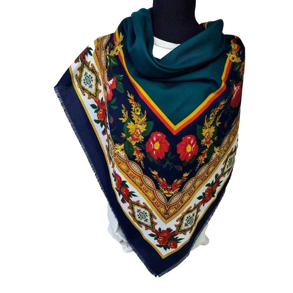 VTG Elaine Gold  Italy Scarf Shawl Blue Burgundy Green Floral Paisley 45”x45